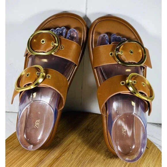 ZARA BUCKLED LEATHER WEDGE SANDALS BROWN SIZE 6.5 - Picture 6 of 8